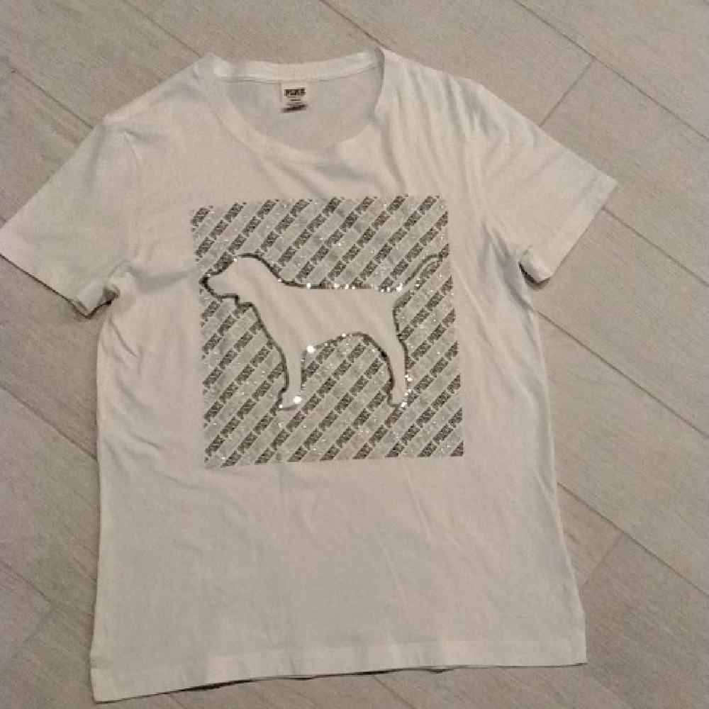 PINK Victoria's Secret White Tee with Black Logo Pattern